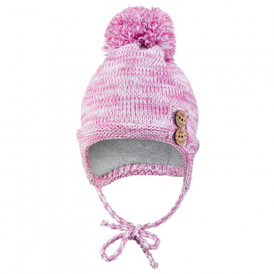 Little Angel-Čepice pletená zavazovací bambule a knoflíky Outlast ® - šeřík melír Velikost: 2 | 39-41 cm
