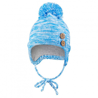 Little Angel-Čepice pletená zavazovací bambule a knoflíky Outlast ® - modrá melír Velikost: 2 | 39-41 cm